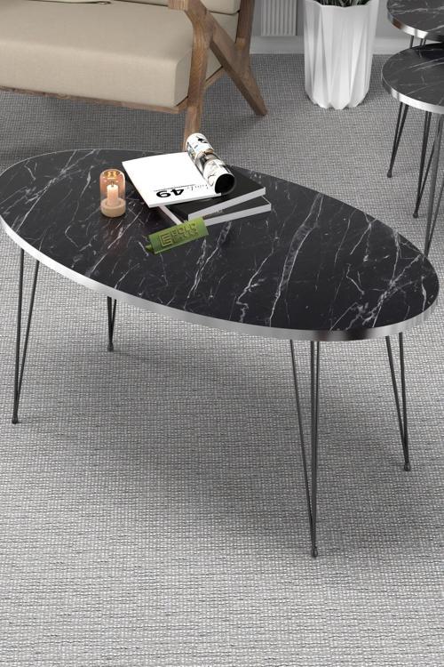 Orta Sehpa Elips Siyah Tel Ayak Gümüş Bendir