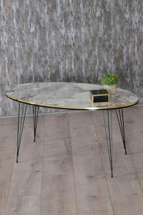 Zigon Sehpa Ve Orta Sehpa Elips Set Siyah Tel Ayak Çift Altın Efes