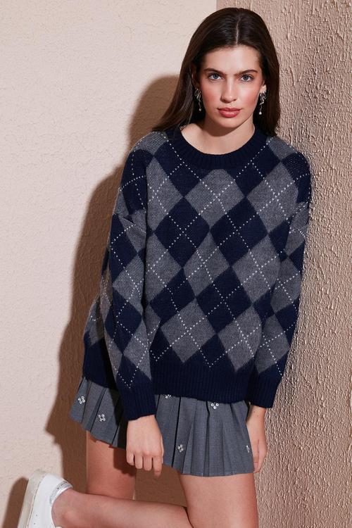 Oversize Fit Bisiklet Yaka Baklava Desenli Bayan Kazak 4615579 LACİVERT