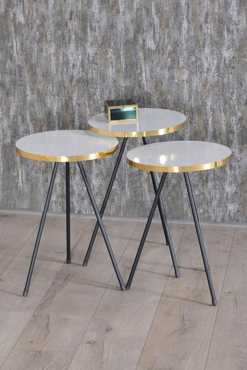 Zigon Sehpa 3 Lü Siyah Metal Ayak Altın Beyaz