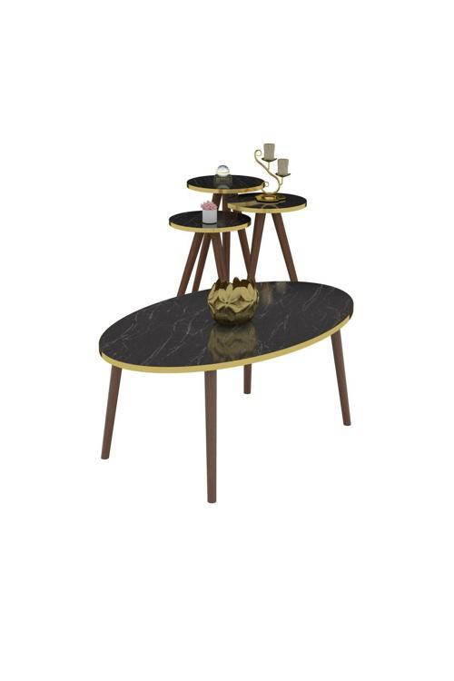 Zigon Sehpa Ve Orta Sehpa Set Ahşap Torna Elips ALTIN Siyah Mermer Desen