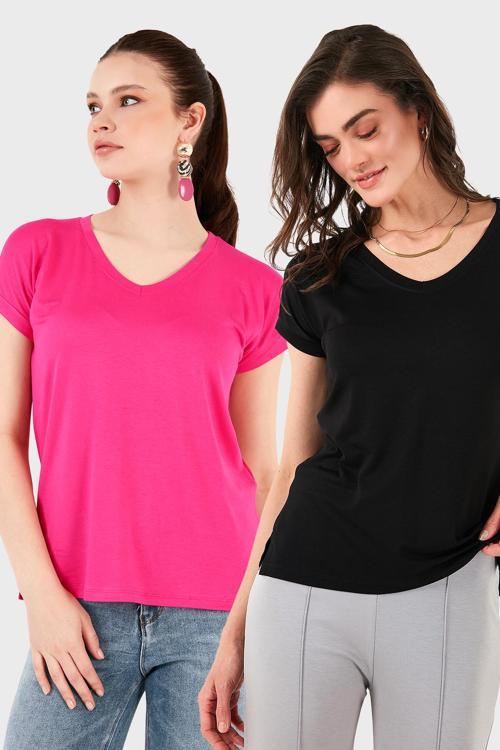 V Yaka Relaxed Fit Yırtmaç Detaylı 2'li Paket Bayan Bluz 5862000S2 Siyah-Fuşya