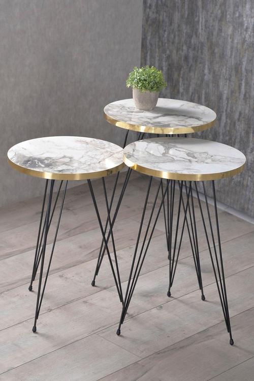 Zigon Sehpa Ve Orta Sehpa Elips Set Siyah Tel Ayak Altın Efes