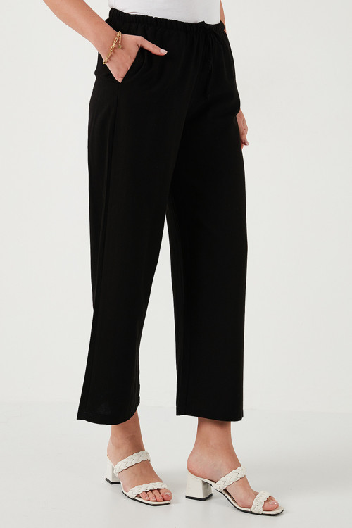 Keten Karışımlı Regular Fit Normal Bel Geniş Paça Bayan Pantolon 5866030 SİYAH