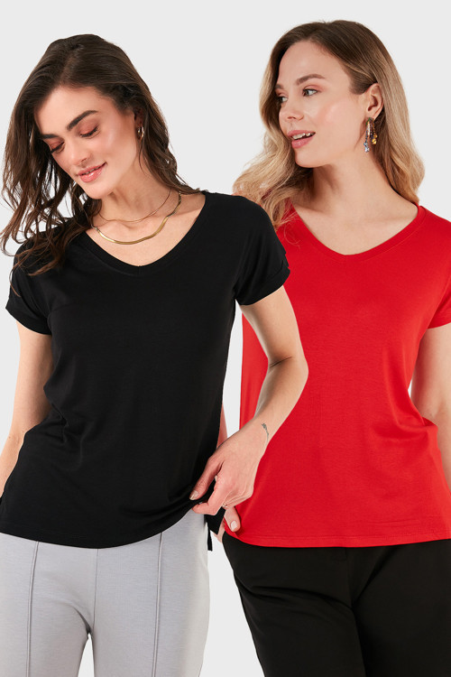 V Yaka Relaxed Fit Yırtmaç Detaylı 2'li Paket Bayan Bluz 5862000S2 SİYAH-KIRMIZI