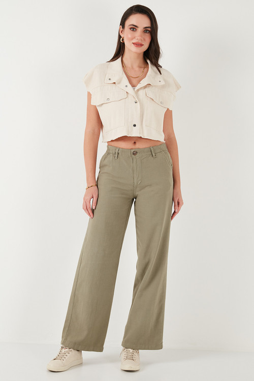 Pamuklu Standart Fit Yüksek Bel Geniş Paça Bayan Pantolon 668YP5193 HAKİ