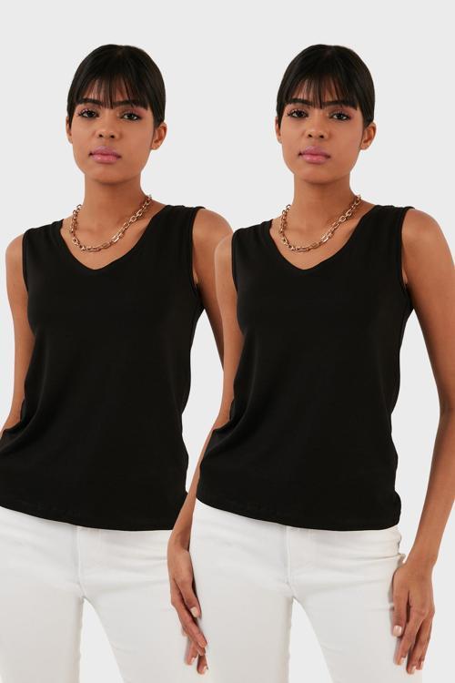 Slim Fit V Yaka Kalın Askılı 2' li Paket Bayan Bluz 5864384S2 SİYAH-SİYAH