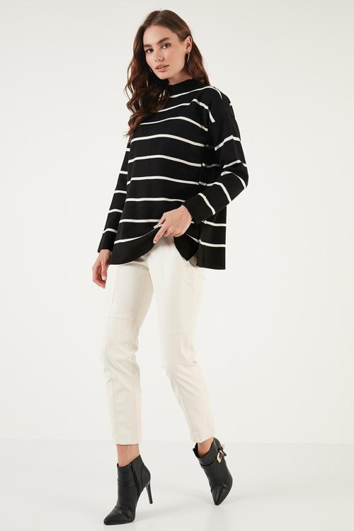 Çizgili Dik Yaka Oversize Triko Bayan Kazak 4615197 SİYAH-KREM