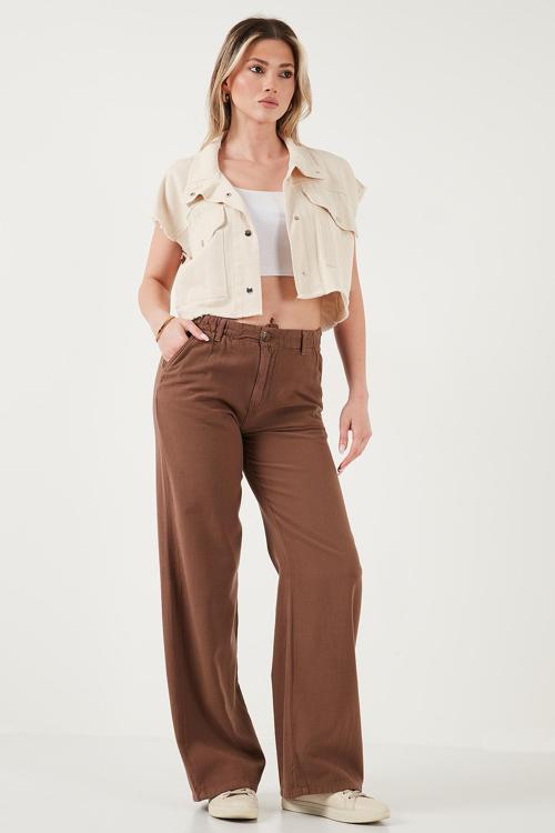 Pamuklu Standart Fit Yüksek Bel Geniş Paça Bayan Pantolon 668YP5193 KAHVE