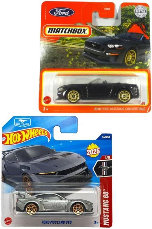 2 Araç Set - Matchbox 2018 Ford Mustang Convertible - Siyah & Hot Wheels Ford Mustang GTD - Gri (1/64)