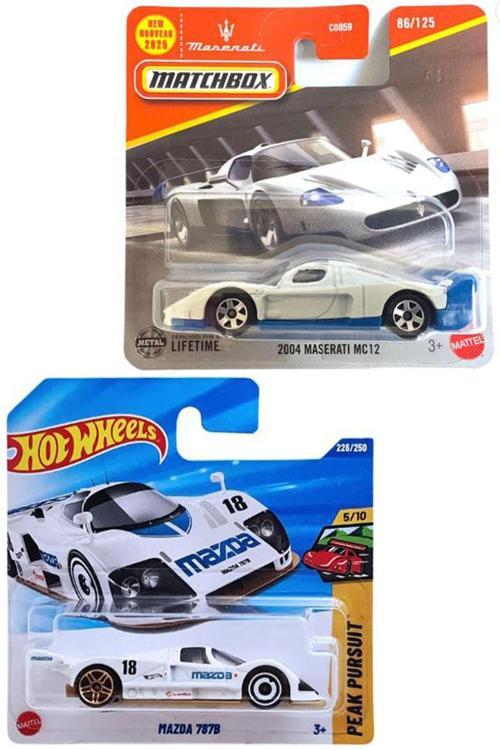 2 Araç Set - Hot Wheels Mazda 787B & Matchbox 2004 Maserati MC12 (1/64) Beyaz