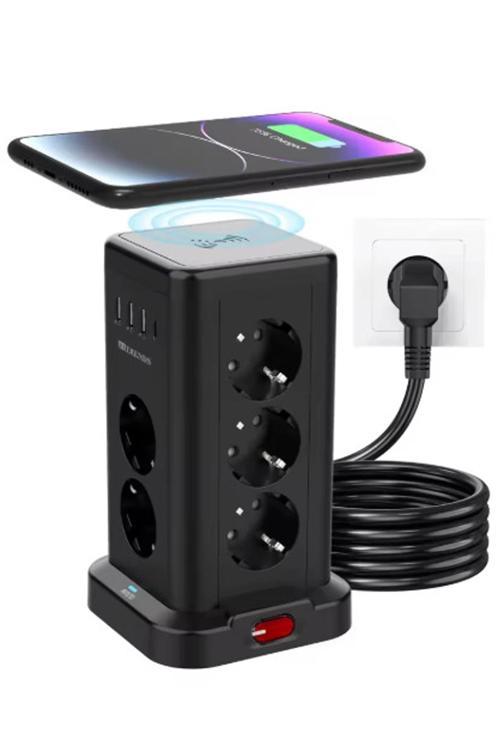 WP711 Akım Korumalı Priz Kablosuz Şarj İstasyonu 11x Soket 3x USB 1xType-C Kablolu Grup Priz