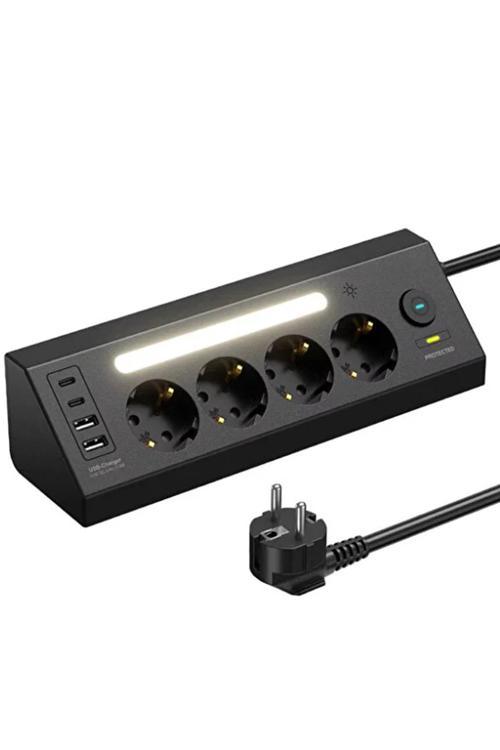 LP764 Çoklu Gece Lambalı Priz Yüksek Gerilim Korumalı 4'LÜ Priz 2XUSB 2XType-C Çıkışlı Grup Priz Çoğ