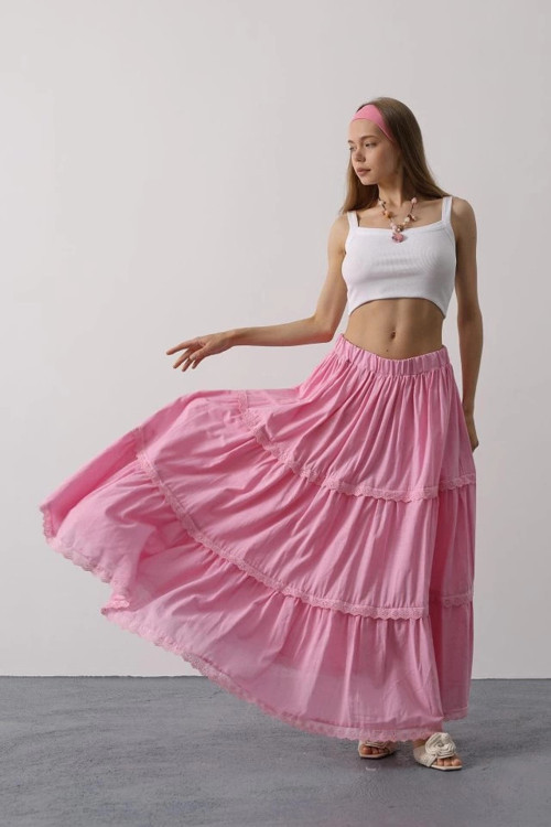 Dantel Detaylı Etek - Pembe