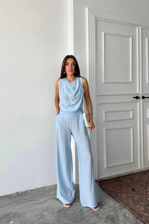 DEGAJE YAKA KOLSUZ BLUZ - PANTOLON TAKIM - Mavi