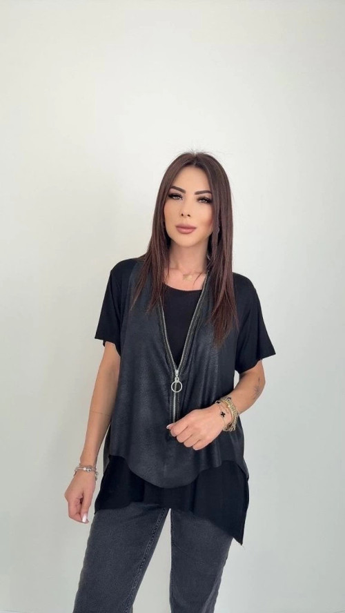 Kadın Kısa Kollu Yuvarlak Yaka Viskon Bluz + Kolsuz Fermuarlı çatlak Deri Yelek