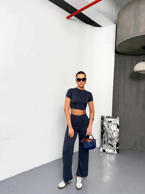 Osy Modal Yumuşak Dokulu Kumaş Kısa Kollu Crop Alt Ispanyol Paça Pantalon Ikili Takım - Füme