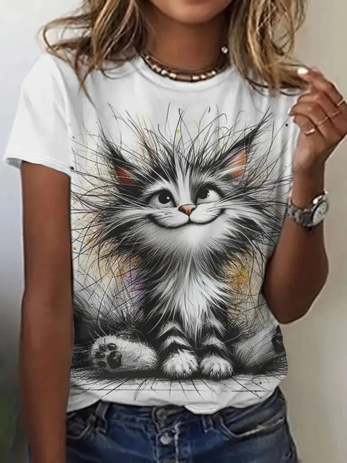 Kadın Kısa Kollu Bisiklet Yaka Kedi Baskılı Süprem Bluz