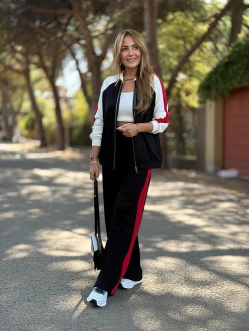 Kadın Hakim Yaka şerit Detay Hırka Ve Bol Paça Pantolon Ikili Takım
