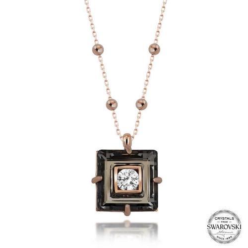 Swa Crystal Taşlı Rose Top Zincir Siyah Elmas Gümüş Kadın Kolye