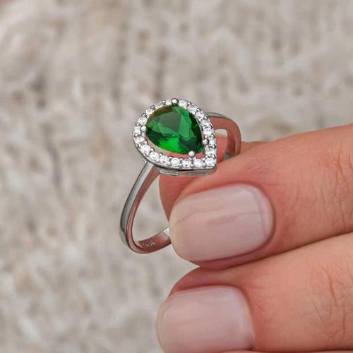 Gümüş Damla Zümrüt Taşlı Kadın Yüzük