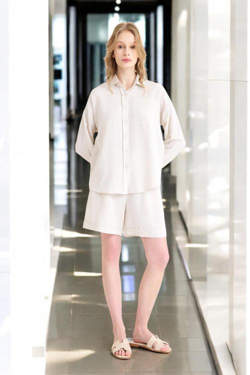 Yazlık Uzun Kol Gömlek Şort İkili Takım