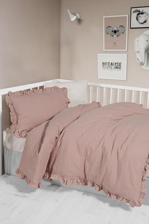 Kanz 2 Kat Fırfırlı Bebek Müslin Nevresim Knz-023 Pudra