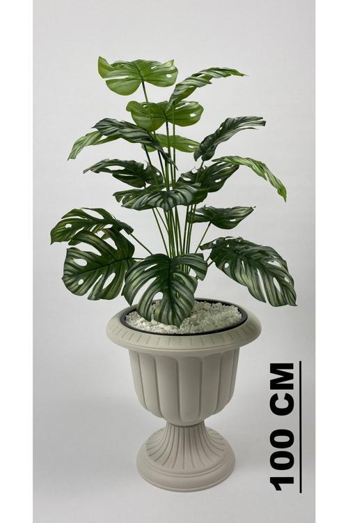 Yapay Çiçek Salon Bitkisi Monstera Deve Tabanı Kırıkbeyaz Renk Nergis Saksıda
