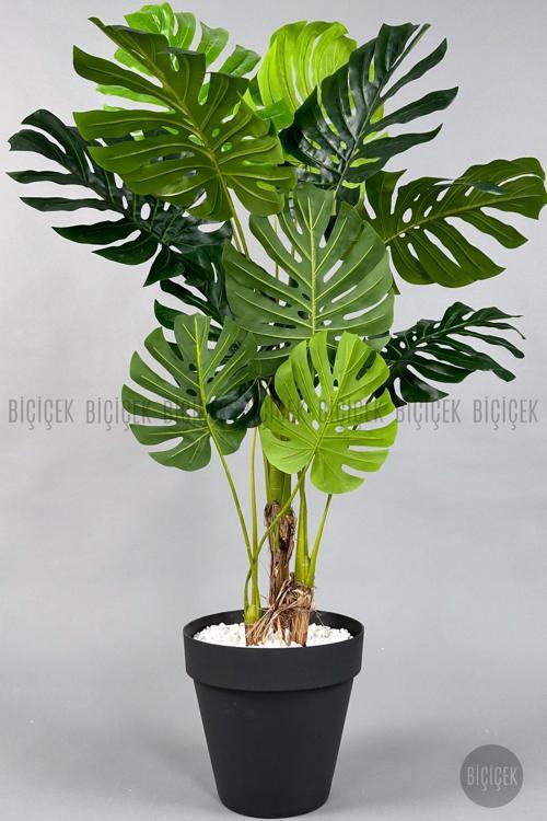 Yapay Ağaç Monstera Bambu Gövdeli 150Cm Devetabanı Ağacı Büyük Boy Antrasit Renk Yalı Saksıda