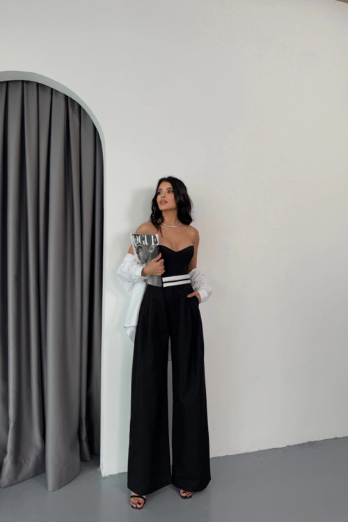 PANTOLON BEL ŞERİT DETAYLI - Siyah