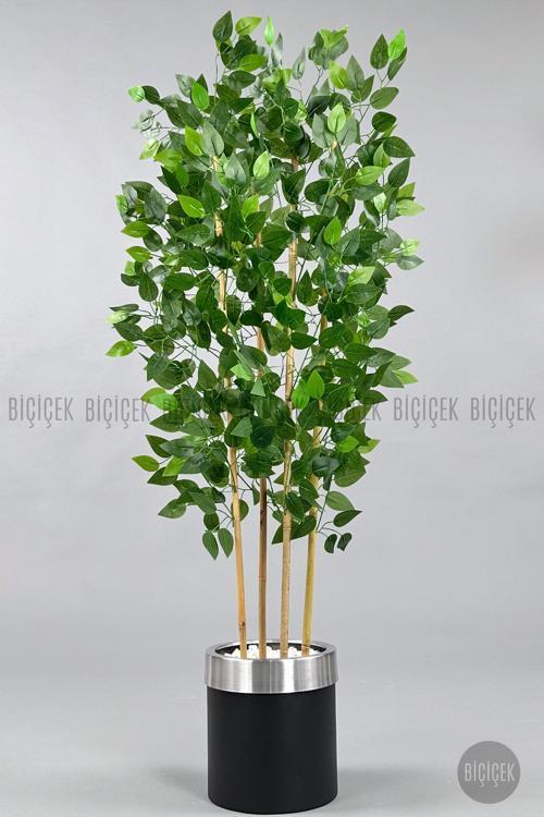 Yapay Benjamin Ağacı 140Cm Siyah Gümüş Metal Saksıda