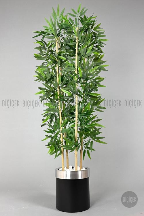Yapay Bambu Ağacı 140Cm Siyah Gümüş Metal Saksıda