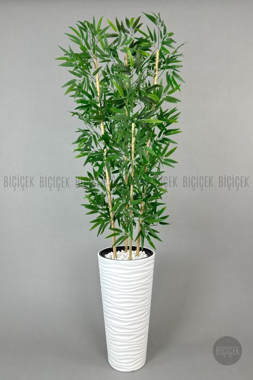 Yapay Bambu Ağacı 180Cm Yoğun Yapraklı Beyaz Renk Kumsal Saksıda