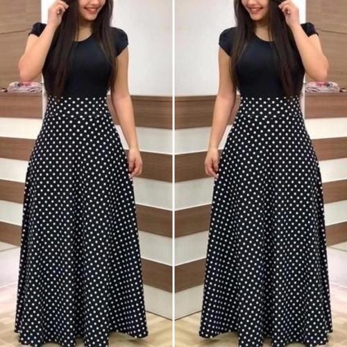 Kadın Kısa Kollu Puan Desen Tam Boy Krep Elbise