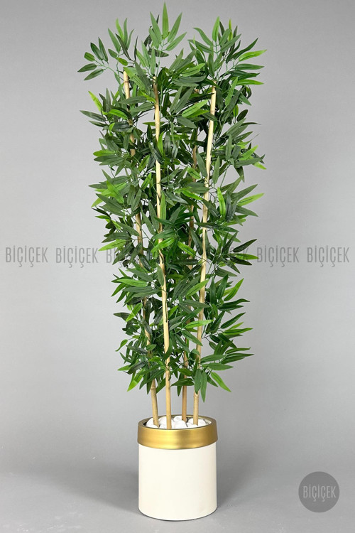 Yapay Bambu Ağacı 140Cm Krem Gold Metal Saksıda