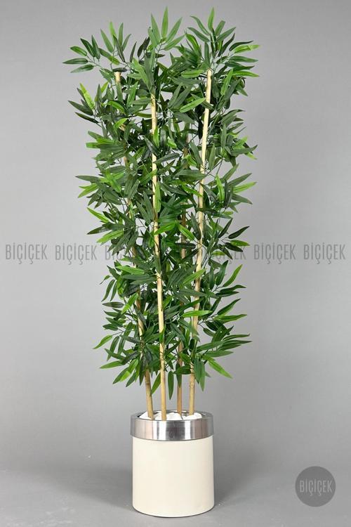 Yapay Bambu Ağacı 140Cm Krem Gümüş Metal Saksıda