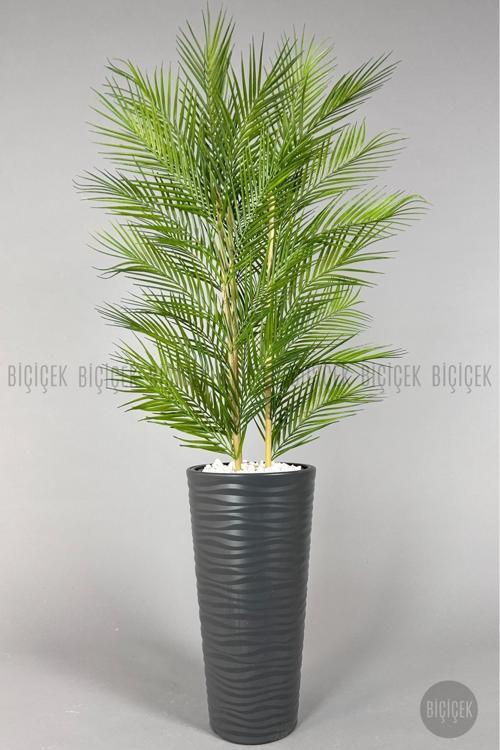 Yapay Areka Ağacı Palmiye Ağacı 33 Yapraklı Bambu Gövdeli Antrasit Kumsal Saksı Salon Çiçeği 150Cm