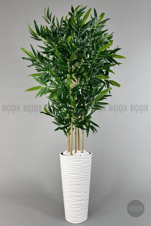 Yapay Bambu Ağacı 185Cm Büyük Yapraklı 5 Bambulu Beyaz Renk Kumsal Saksıda Yapay Ağaç