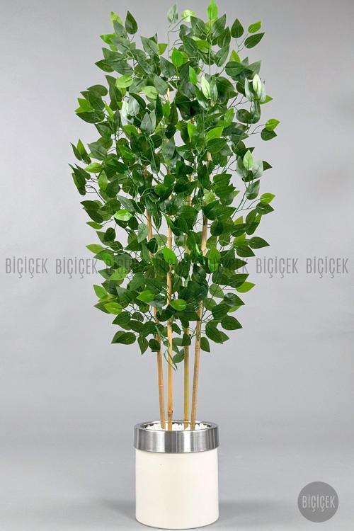 Yapay Benjamin Ağacı 140Cm Krem Gümüş Metal Saksıda