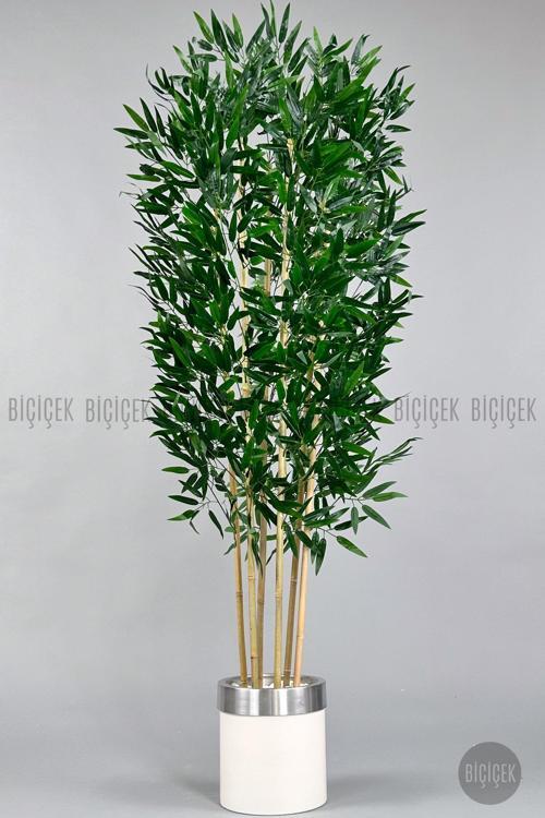 Yapay Bambu Ağacı 170Cm Krem Metal Saksıda Gümüş
