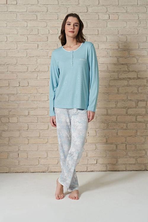 Pijadore 1722 Büyük Beden Kadın Düğmeli Uzun Kol Pijama Takım