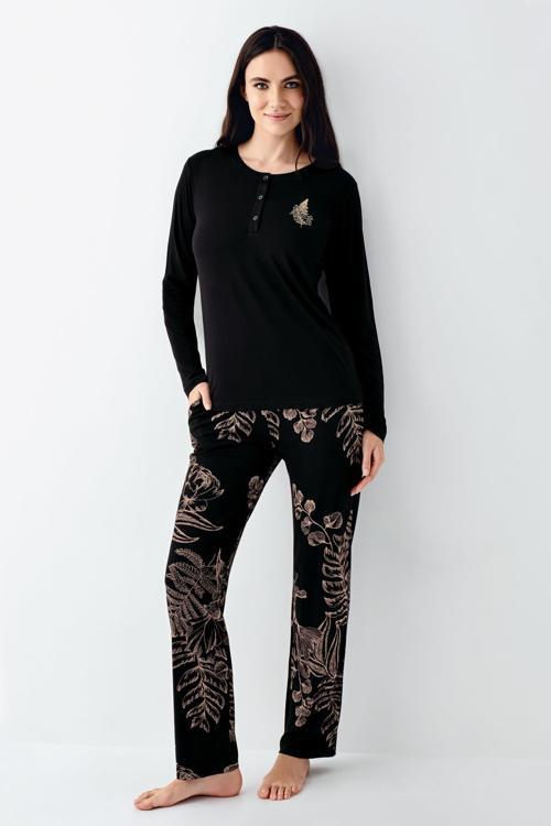 Kadın Büyük Beden Modal Pamuklu 4 Mevsimlik Desenli Uzun Kollu Pijama Takım
