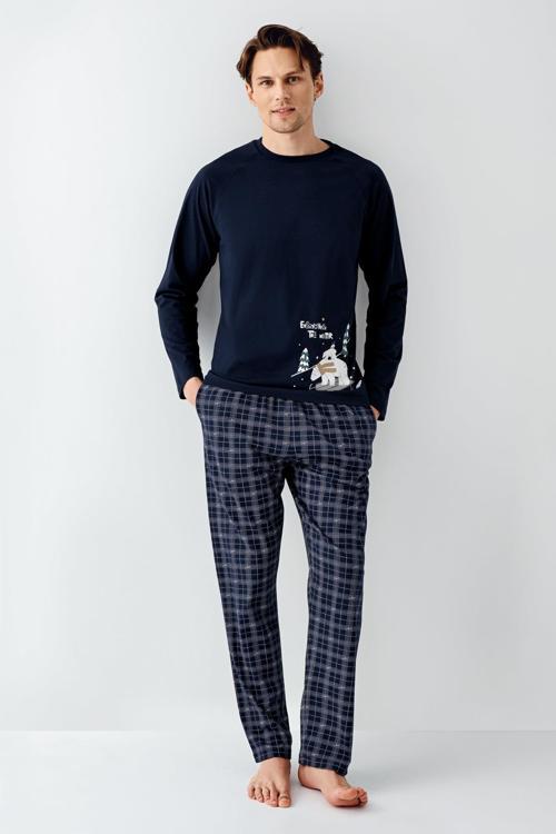 Erkek Aile %100 Pamuk 4 Mevsim Bisiklet Yaka Uzun Kollu Ekoseli Pijama Takım