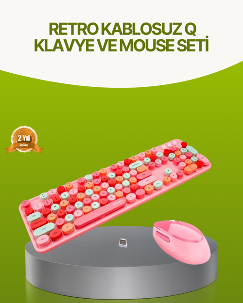 Bluetooth Retro Kablosuz Klavye ve Mouse Seti – 3 Cihaz Bağlantılı, Sessiz Tuş, Uzun Pil Ömrü