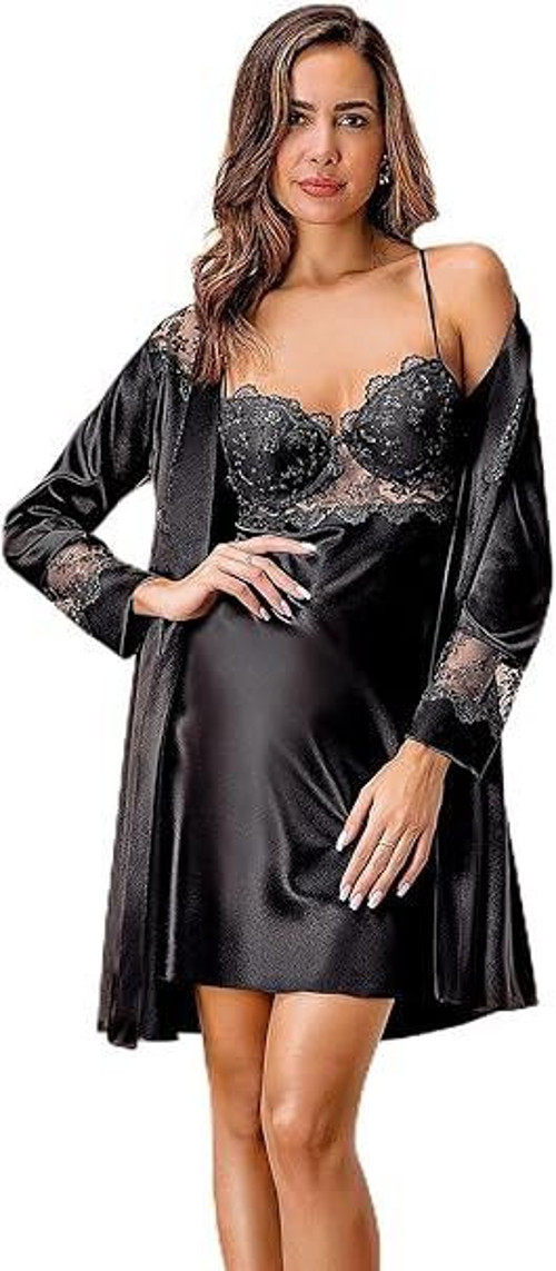 Kadın Siyah 2 Li Kaplı Sabahlık Gecelik Saten Kimono Takım 5384