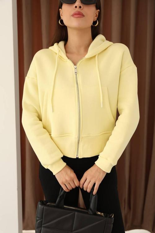 Kadın Fermuarlı Kapşonlu Beyaz Bol Crop Sweatshirt