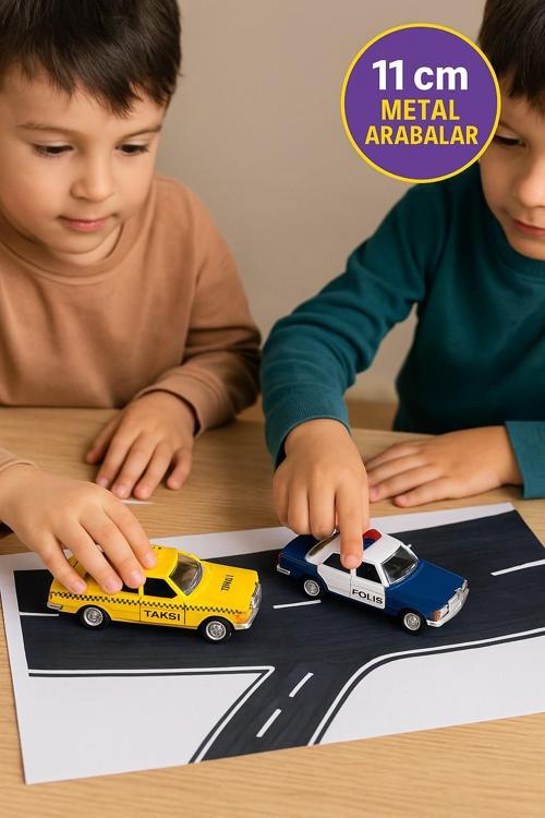 Metal Nostaljik Çek Bırak Taksi ve Polis 2 li Model Araba Seti Açılır Kapı Yumuşak Lastik 11 Cm
