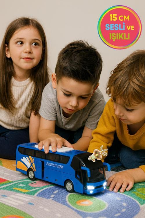 Lüks Işıklı Sesli Kapıları ve Bagajı Açılan Yumuşak Lastikli Tur Tatil Otobüsü 15 cm - Mavi