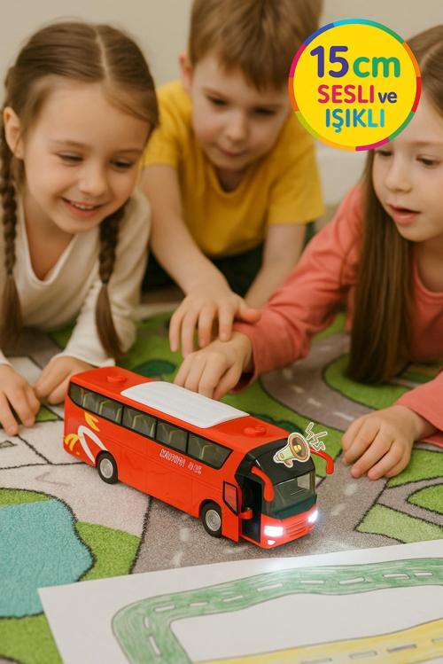 Lüks Işıklı Sesli Kapıları ve Bagajı Açılan Yumuşak Lastikli Tur Tatil Otobüsü 15 cm - Kırmızı