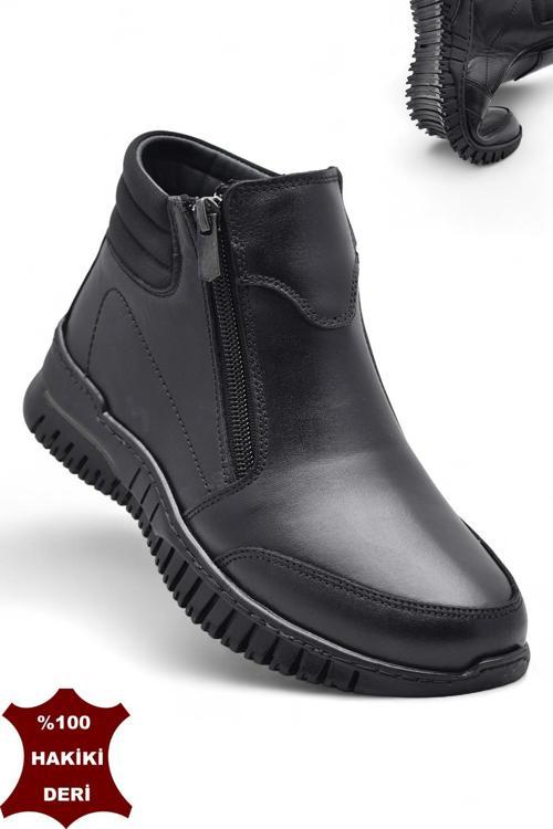 1456 Tam Ortopedik Siyah Hakiki Deri Kadın Bot Çift Fermuarlı Anne Kışlık Deri Bot